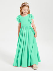 Chiffon Junior Bridesmaid Dresses Lace Flutter Sleeves Scoop Neck Turquoise