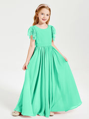 Chiffon Junior Bridesmaid Dresses Lace Flutter Sleeves Scoop Neck Turquoise