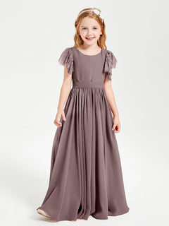 Chiffon Junior Bridesmaid Dresses Lace Flutter Sleeves Scoop Neck Vintage Mauve