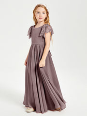 Chiffon Junior Bridesmaid Dresses Lace Flutter Sleeves Scoop Neck Vintage Mauve