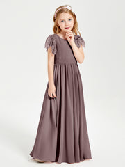 Chiffon Junior Bridesmaid Dresses Lace Flutter Sleeves Scoop Neck Vintage Mauve