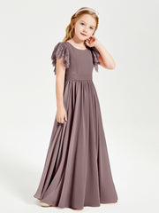 Chiffon Junior Bridesmaid Dresses Lace Flutter Sleeves Scoop Neck Vintage Mauve