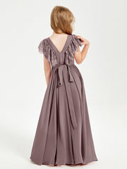 Chiffon Junior Bridesmaid Dresses Lace Flutter Sleeves Scoop Neck Vintage Mauve