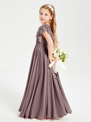 Chiffon Junior Bridesmaid Dresses Lace Flutter Sleeves Scoop Neck Vintage Mauve