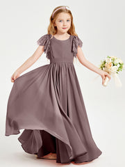 Chiffon Junior Bridesmaid Dresses Lace Flutter Sleeves Scoop Neck Vintage Mauve
