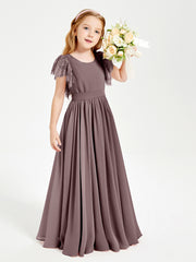 Chiffon Junior Bridesmaid Dresses Lace Flutter Sleeves Scoop Neck Vintage Mauve