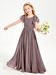 Chiffon Junior Bridesmaid Dresses Lace Flutter Sleeves Scoop Neck Vintage Mauve