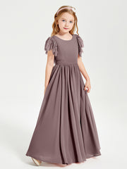 Chiffon Junior Bridesmaid Dresses Lace Flutter Sleeves Scoop Neck Vintage Mauve