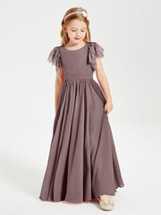 Chiffon Junior Bridesmaid Dresses Lace Flutter Sleeves Scoop Neck Vintage Mauve