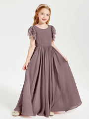 Chiffon Junior Bridesmaid Dresses Lace Flutter Sleeves Scoop Neck Vintage Mauve