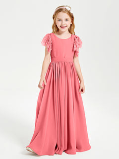 Chiffon Junior Bridesmaid Dresses Lace Flutter Sleeves Scoop Neck Watermelon