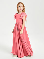 Chiffon Junior Bridesmaid Dresses Lace Flutter Sleeves Scoop Neck Watermelon