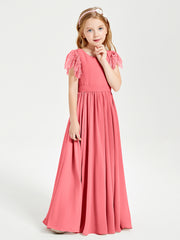 Chiffon Junior Bridesmaid Dresses Lace Flutter Sleeves Scoop Neck Watermelon
