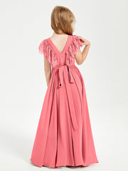 Chiffon Junior Bridesmaid Dresses Lace Flutter Sleeves Scoop Neck Watermelon