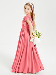 Chiffon Junior Bridesmaid Dresses Lace Flutter Sleeves Scoop Neck Watermelon