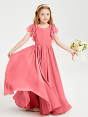 Chiffon Junior Bridesmaid Dresses Lace Flutter Sleeves Scoop Neck Watermelon