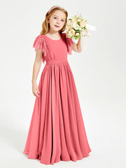 Chiffon Junior Bridesmaid Dresses Lace Flutter Sleeves Scoop Neck Watermelon
