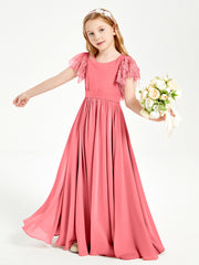 Chiffon Junior Bridesmaid Dresses Lace Flutter Sleeves Scoop Neck Watermelon