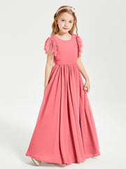 Chiffon Junior Bridesmaid Dresses Lace Flutter Sleeves Scoop Neck Watermelon
