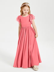 Chiffon Junior Bridesmaid Dresses Lace Flutter Sleeves Scoop Neck Watermelon