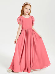 Chiffon Junior Bridesmaid Dresses Lace Flutter Sleeves Scoop Neck Watermelon