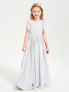 Chiffon Junior Bridesmaid Dresses Lace Flutter Sleeves Scoop Neck White