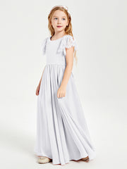 Chiffon Junior Bridesmaid Dresses Lace Flutter Sleeves Scoop Neck White