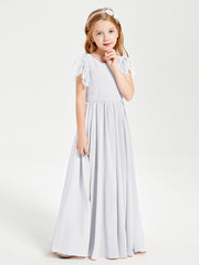 Chiffon Junior Bridesmaid Dresses Lace Flutter Sleeves Scoop Neck White