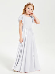 Chiffon Junior Bridesmaid Dresses Lace Flutter Sleeves Scoop Neck White