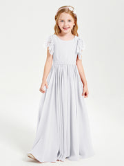 Chiffon Junior Bridesmaid Dresses Lace Flutter Sleeves Scoop Neck White