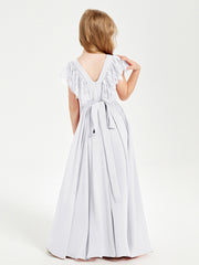 Chiffon Junior Bridesmaid Dresses Lace Flutter Sleeves Scoop Neck White