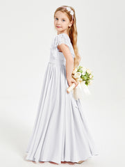 Chiffon Junior Bridesmaid Dresses Lace Flutter Sleeves Scoop Neck White