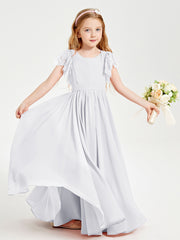 Chiffon Junior Bridesmaid Dresses Lace Flutter Sleeves Scoop Neck White