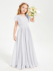 Chiffon Junior Bridesmaid Dresses Lace Flutter Sleeves Scoop Neck White