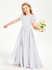 Chiffon Junior Bridesmaid Dresses Lace Flutter Sleeves Scoop Neck White