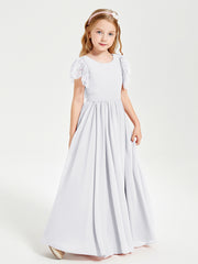 Chiffon Junior Bridesmaid Dresses Lace Flutter Sleeves Scoop Neck White