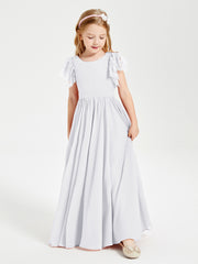 Chiffon Junior Bridesmaid Dresses Lace Flutter Sleeves Scoop Neck White