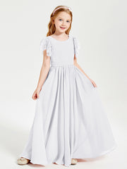 Chiffon Junior Bridesmaid Dresses Lace Flutter Sleeves Scoop Neck White