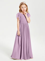 Chiffon Junior Bridesmaid Dresses Lace Flutter Sleeves Scoop Neck Wisteria