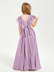 Chiffon Junior Bridesmaid Dresses Lace Flutter Sleeves Scoop Neck Wisteria