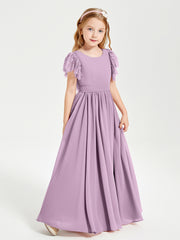 Chiffon Junior Bridesmaid Dresses Lace Flutter Sleeves Scoop Neck Wisteria