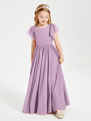 Chiffon Junior Bridesmaid Dresses Lace Flutter Sleeves Scoop Neck Wisteria