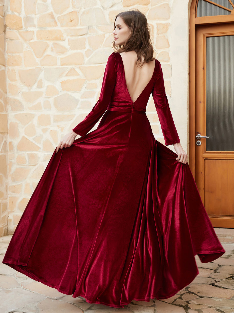 V-neck Floor-length Sheath Velvet Dress With Slit Burgundy main image 0