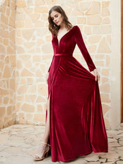 Long Sleeves Plunging V-Neck Velvet Dress With Slit Burgundy