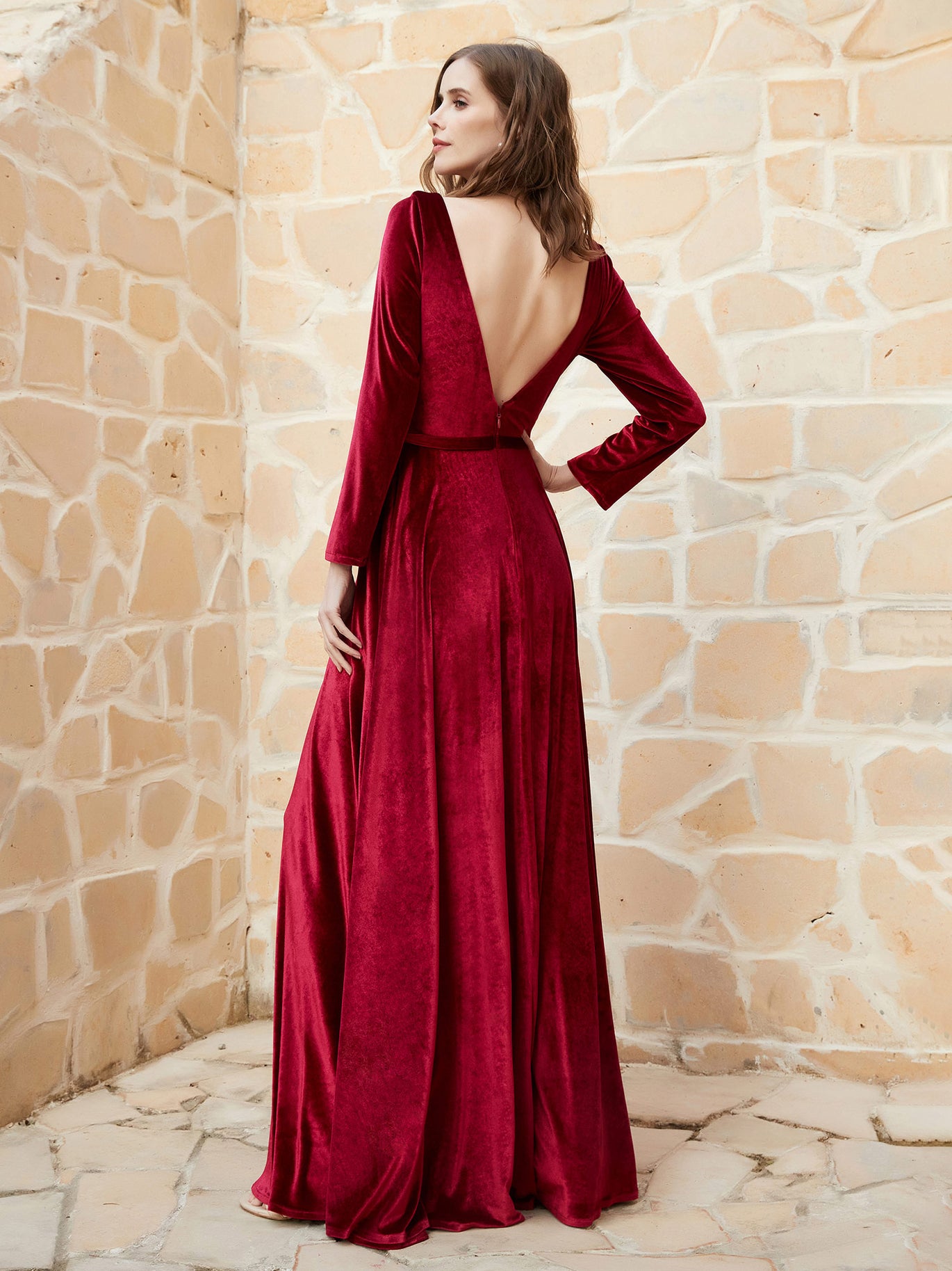 red velvet dress bridesmaid BABARONI Strapless Sweep Train Mermaid Velvet Dress With Slit Burgundy Plus Size, Burgundy / US18