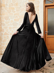 Long Sleeves Plunging V-Neck Velvet Dress With Slit Black