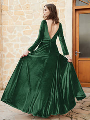 Long Sleeves Plunging V-Neck Velvet Dress With Slit Dark Green
