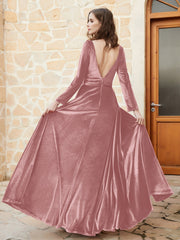 Long Sleeves Plunging V-Neck Velvet Dress With Slit Dusty Rose
