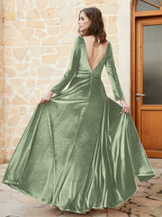 Long Sleeves Plunging V-Neck Velvet Dress With Slit Dusty Sage