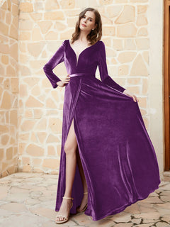 Long Sleeves Plunging V-Neck Velvet Dress With Slit Grape